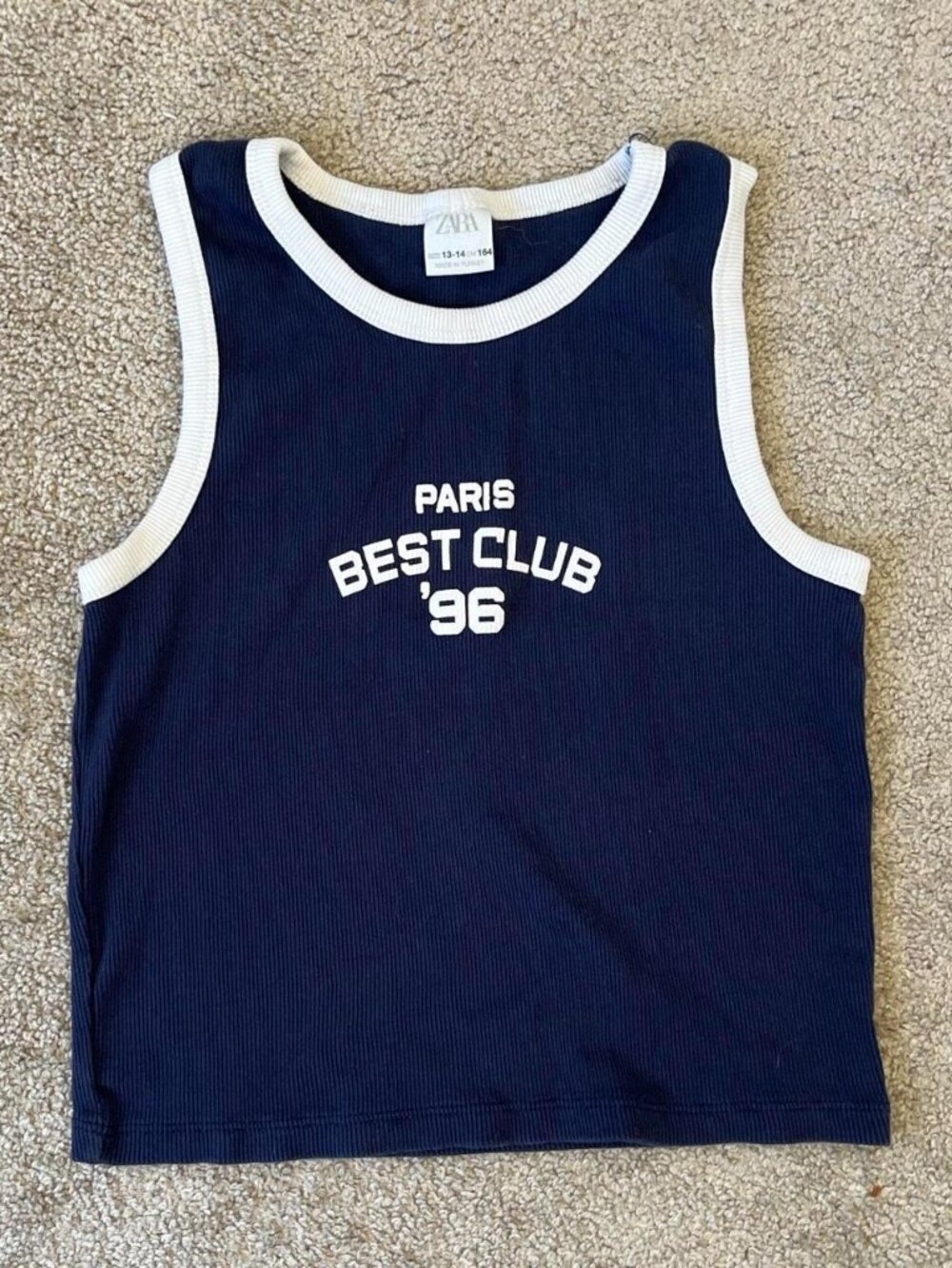 Zara Paris Best Club '96 Ribbed Tank Top Navy Youth Size 13-14
